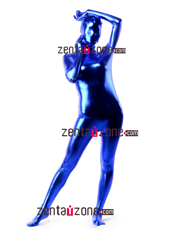 Blue Shiny Metallic Unisex Zentai Full Body Suit - Click Image to Close
