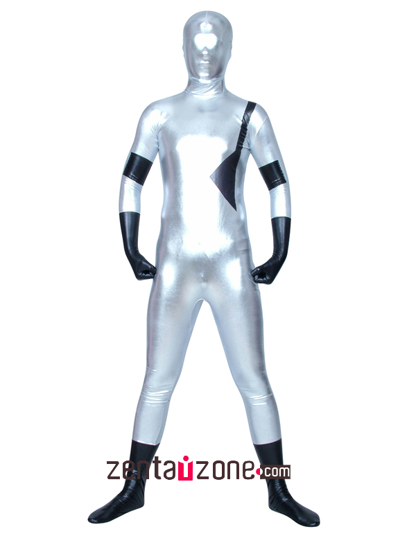 Silver And Black Metallic Shiny Zentai Suit - Click Image to Close