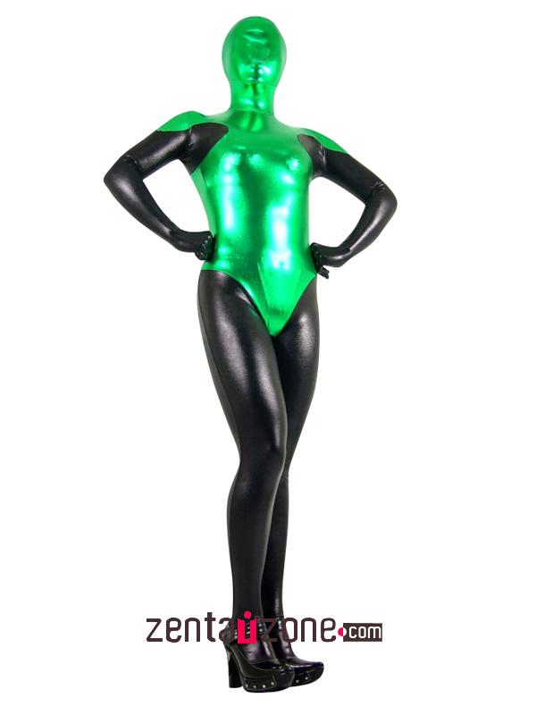 Black And Green Shiny Metallic Zentai Suit - Click Image to Close