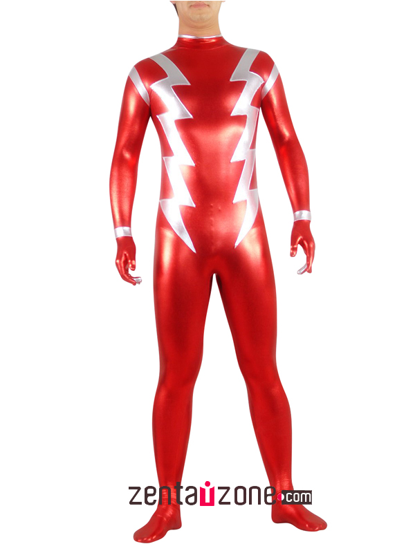 Red And Silver Unisex Shiny Metallic Catsuit [20417]