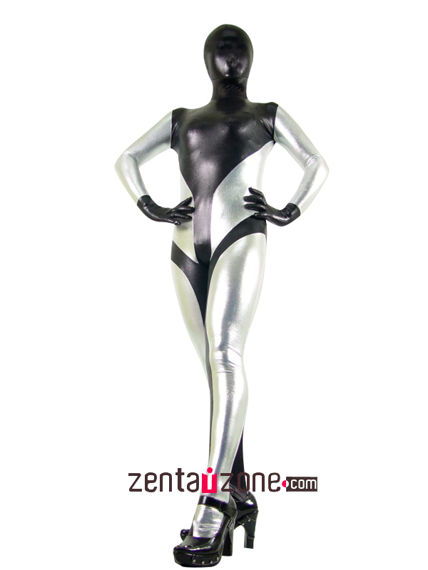 Black Silver Unisex Shiny Metallic Zentai Suit - Click Image to Close