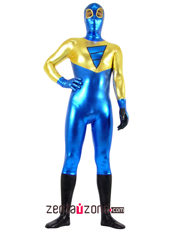Blue And Golden Unisex Shiny Metallic Zentai Suit - Click Image to Close