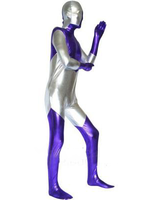 Silver And Purple Spandex Shiny Metallic Zentai Suit - Click Image to Close