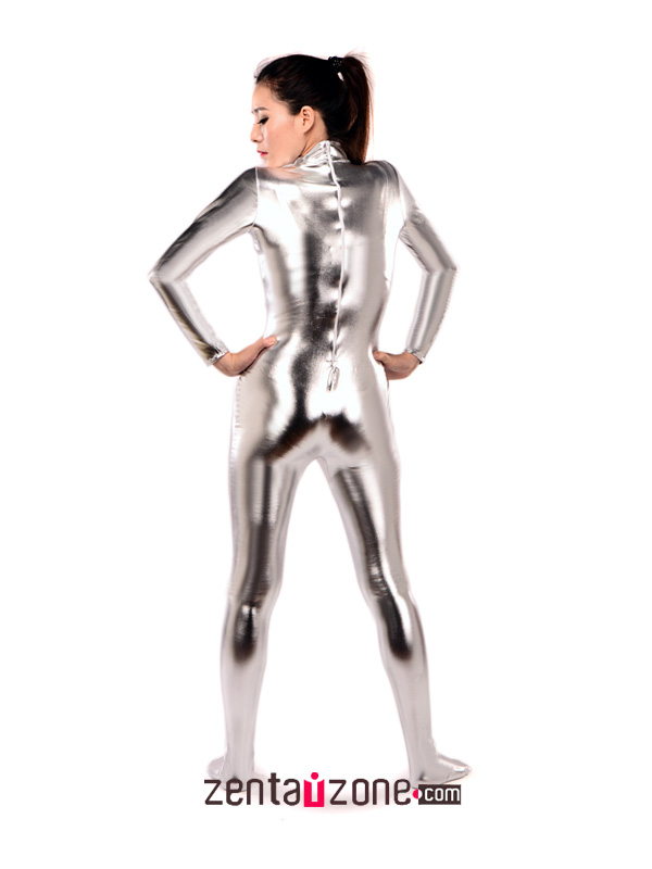 Silver Shiny Metallic Catsuit - Click Image to Close