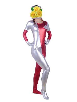 Red And Silver Shiny Metallic Catsuit Zentai