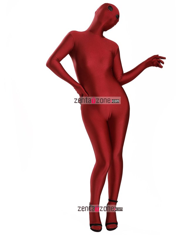 Nylon Lycra Crimson Zentai Bodysuit Black Mesh Eyes - Click Image to Close