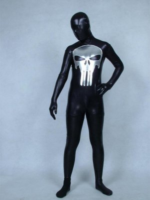 Black Shiny Metallic Zentai Suit With Skull Pattern
