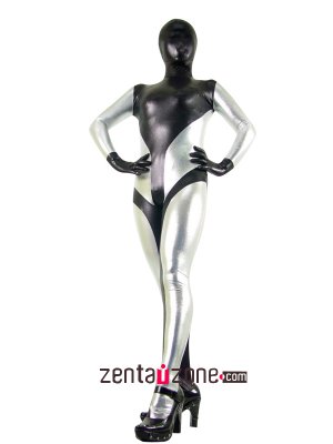 Black Silver Unisex Shiny Metallic Zentai Suit
