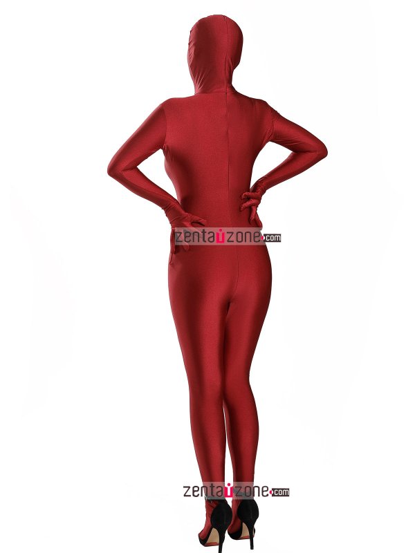 Nylon Lycra Crimson Zentai Bodysuit Black Mesh Eyes - Click Image to Close