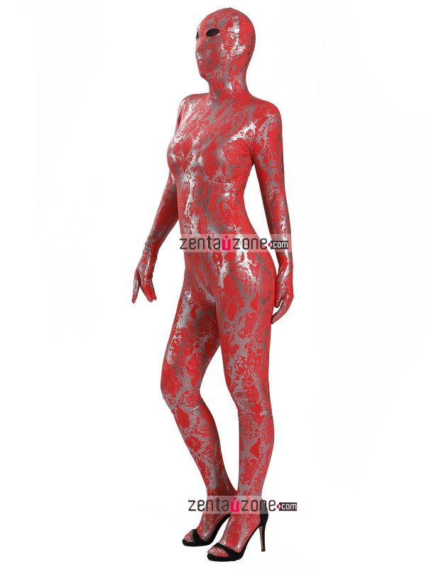 Nylon Red Shiny Metallic Lycra Zentai With Black Mesh Eyes - Click Image to Close