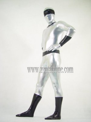 Silver And Black Shiny Metallic Bodysuit Zentai