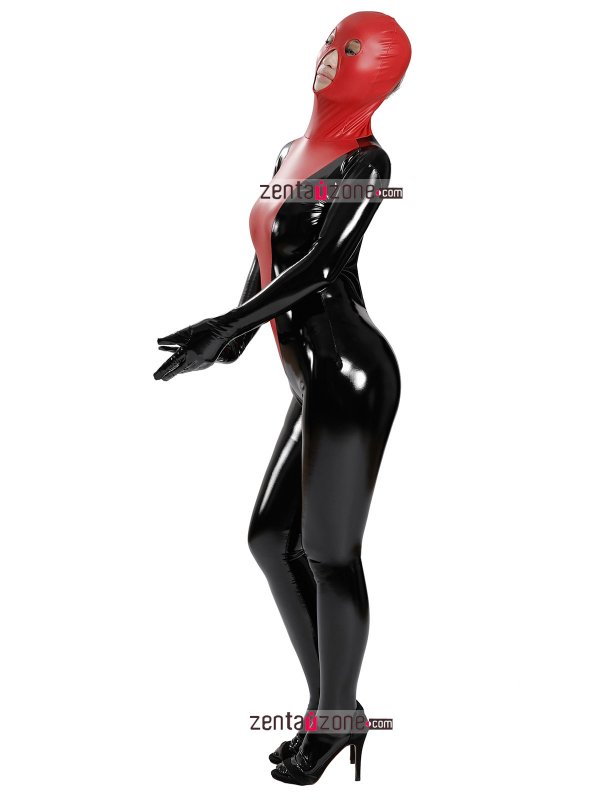 Pu Shiny Black And Red Zentai Bodysuit - Click Image to Close