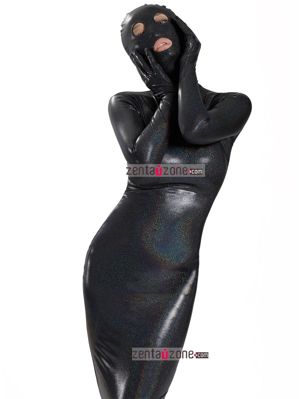 Nylon Shiny Black Zentai Dresses With Open eyes & mouth - Click Image to Close