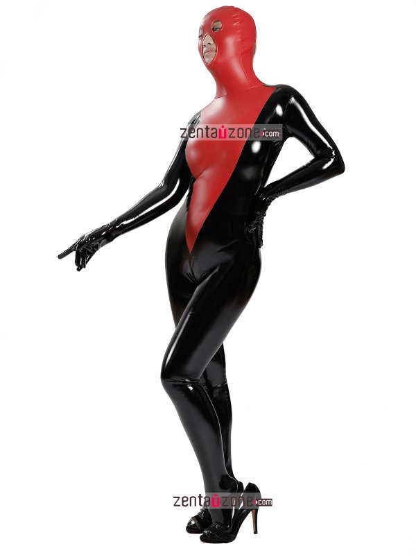 Pu Shiny Black And Red Zentai Bodysuit - Click Image to Close