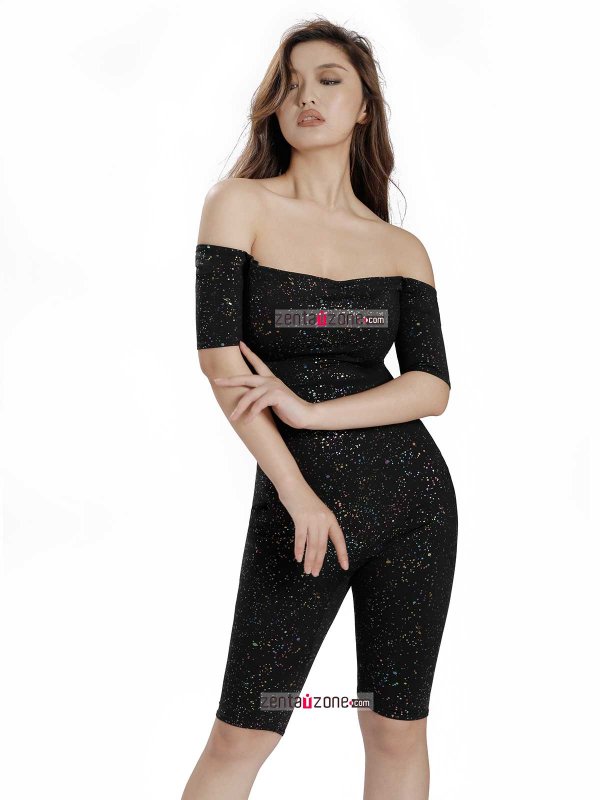 Nylon Shiny Metallic Off Shoulder Dresses For Party Time - Click Image to Close