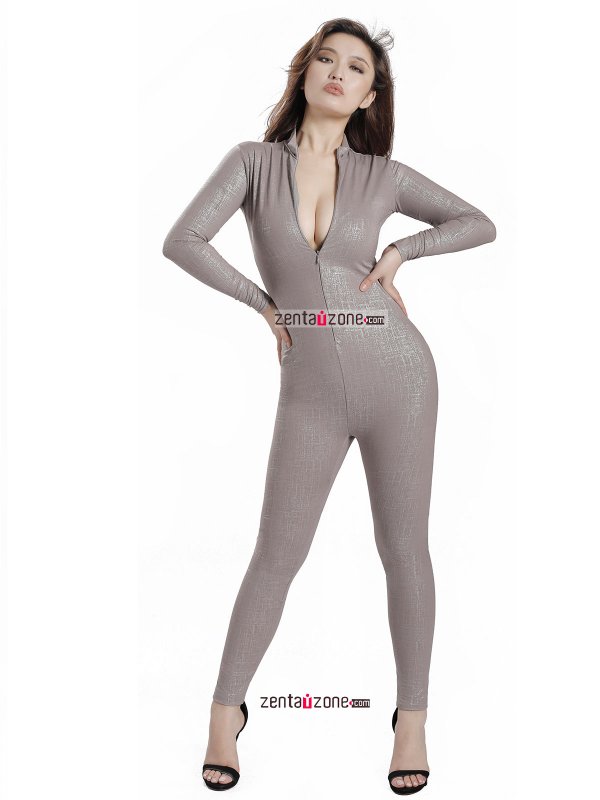 Nylon Shiny Metallic Catsuit With Front Zip - Click Image to Close