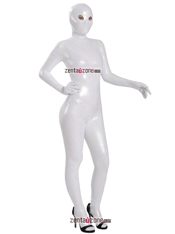 Nylon White Shiny Metallic Lycra Zentai Suit With Eyes Open - Click Image to Close