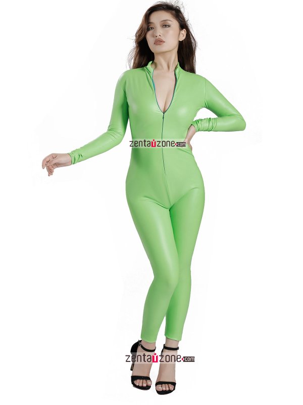 Pu Shiny Grass Green Catsuit With Front Zip - Click Image to Close