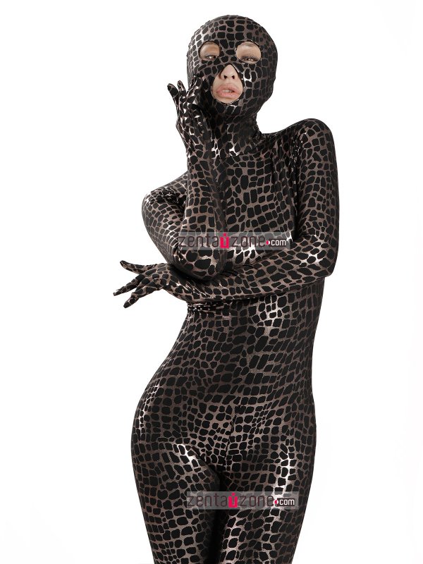 Nylon Black Shiny Metallic Pattern Spandex Zentai Suit - Click Image to Close