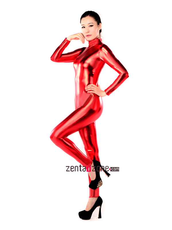 Sexy Red Shiny Metallic Lycra Catsuit - Click Image to Close