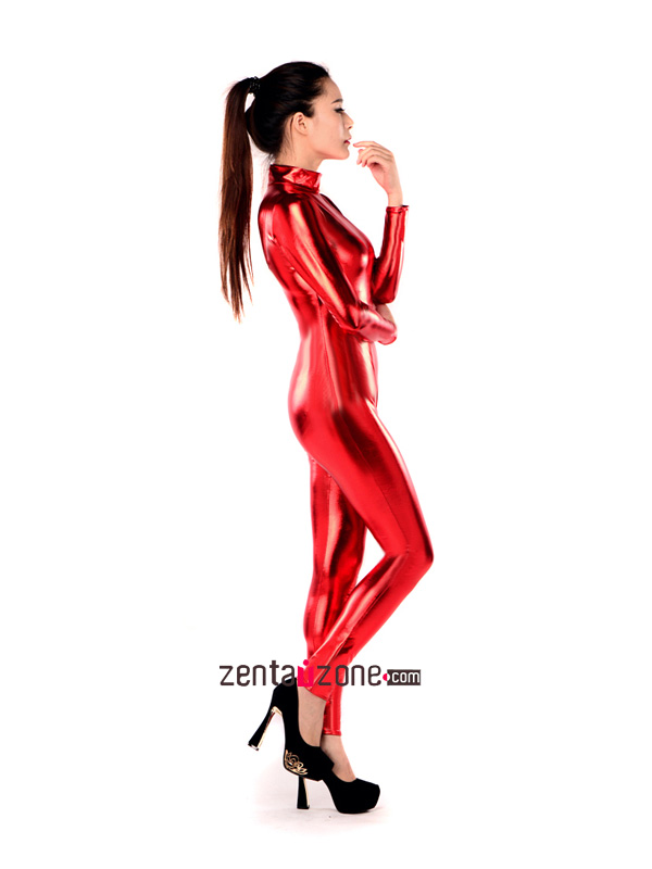 Sexy Red Shiny Metallic Lycra Catsuit - Click Image to Close