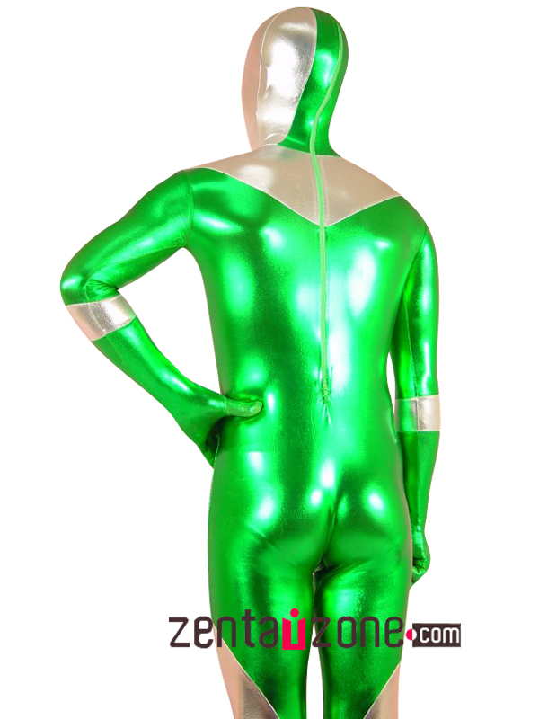 Green And Silver Shiny Metallic Hero Zentai Suit - Click Image to Close