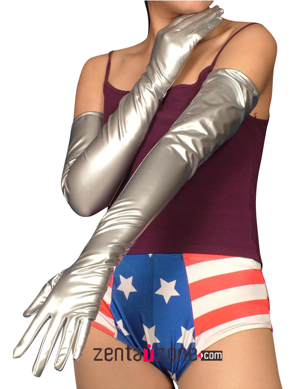 Silver Long PVC Gloves - Click Image to Close