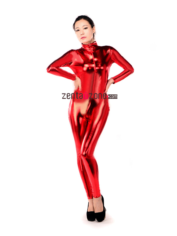 Red Metallic Shiny Front Zipper Catsuit - Click Image to Close