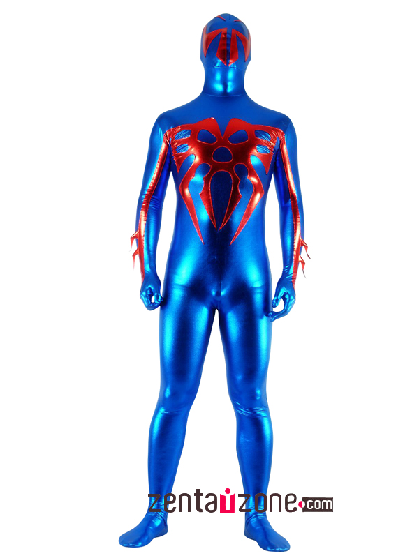 Blue And Red Unisex Shiny Full Body Zentai Suit - Click Image to Close