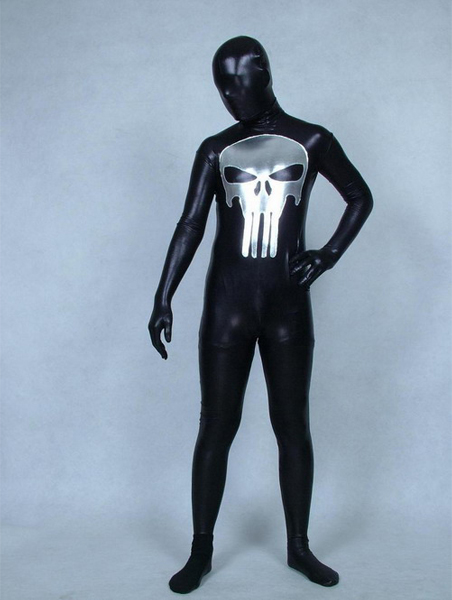 Black Shiny Metallic Zentai Suit With Skull Pattern