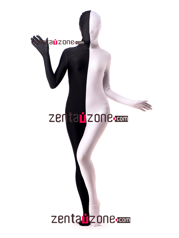 Black And White Double-skin Lycra Spandex Zentai - Click Image to Close