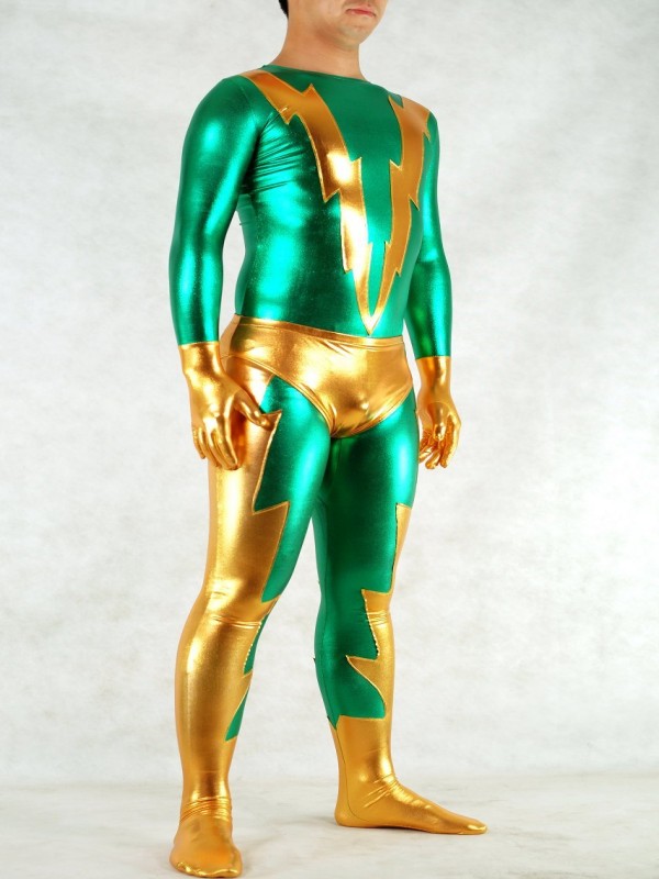 Green And Golden Shiny Unisex Zentai Catsuit - Click Image to Close