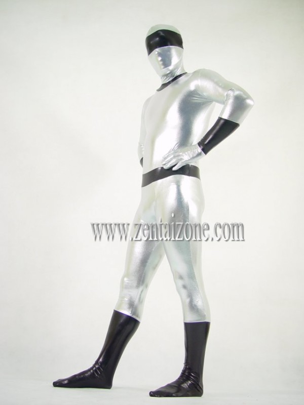 Silver And Black Shiny Metallic Bodysuit Zentai - Click Image to Close