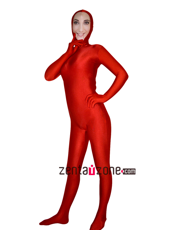 Face Zentai Red Lycra Spandex Full Bodysuit With Girl Smile Face - Click Image to Close