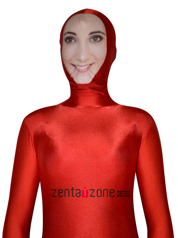 Face Zentai Red Lycra Spandex Full Bodysuit With Girl Smile Face - Click Image to Close
