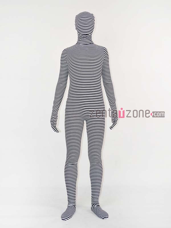 White And Black Stripe Spandex Zentai Suit - Click Image to Close