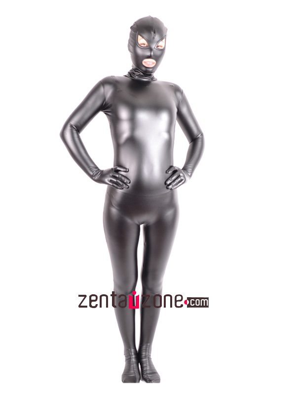 2014 Dark Silver PU Metallic Zentai With Open Mouth And Eyes