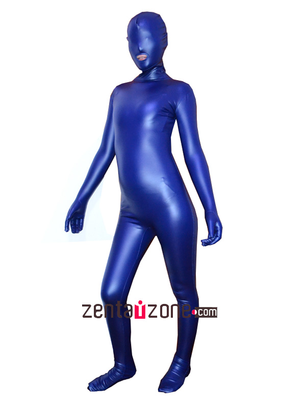 2014 Blue Pu Metallic Full Body Zentai With Open Mouth [30223]