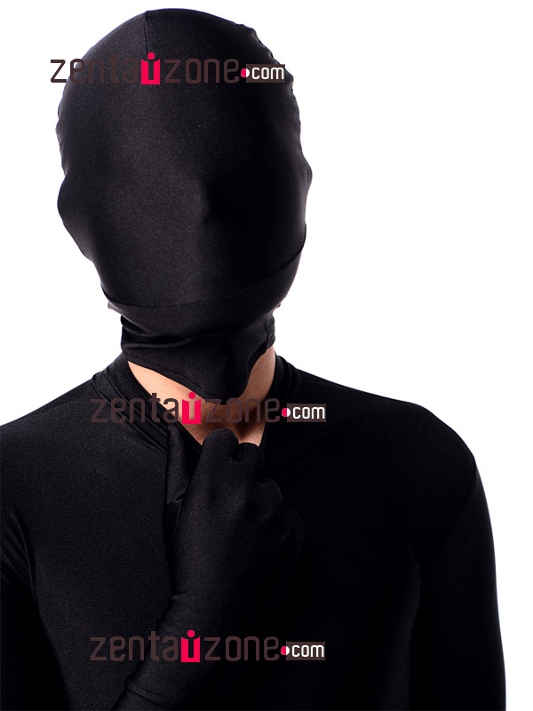 Black Lycra Spandex Zentai With Detachable Hood Hands Feet - Click Image to Close