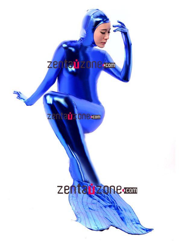 Blue Shiny Metallic Mermaid Zentai Body Suit With Open Face - Click Image to Close