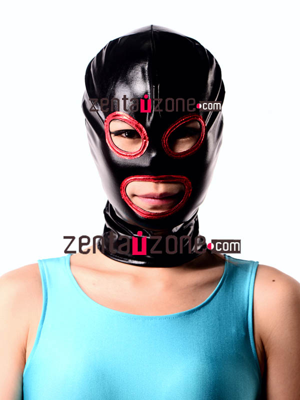 Black And Red Shiny Metallic Zentai Hood With Eyes And Mouth Ope
